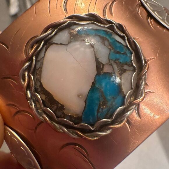 Bracelet, Turquoise & Opal Copper Cuff, NEW, sterling accents, Handmade, Artisan - Picture 3 of 12
